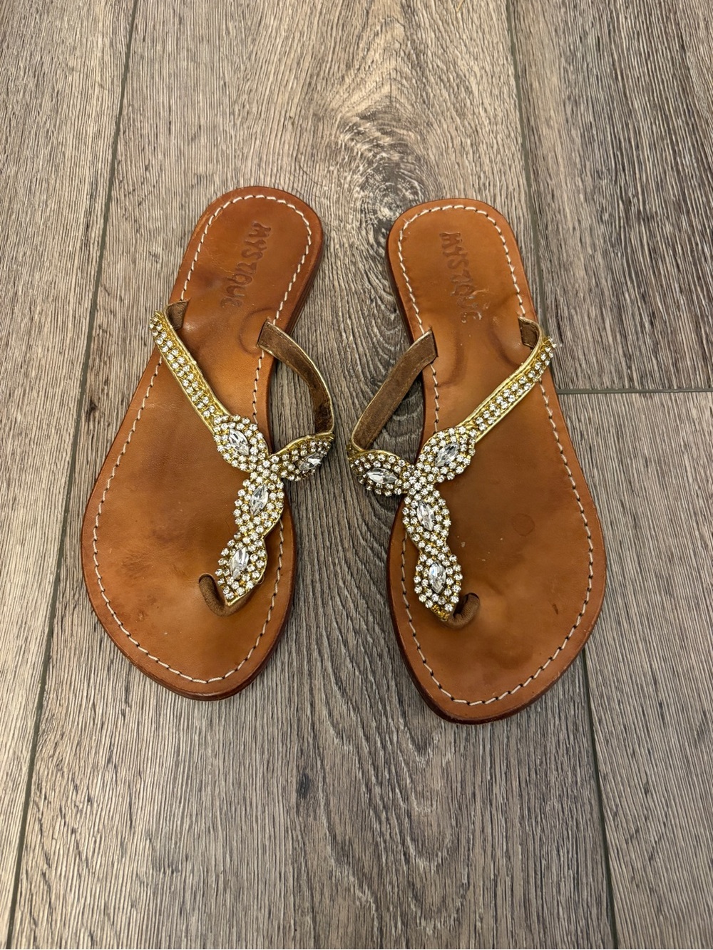 Mystique Boutique Gold Crystal Braided Thong Sandals